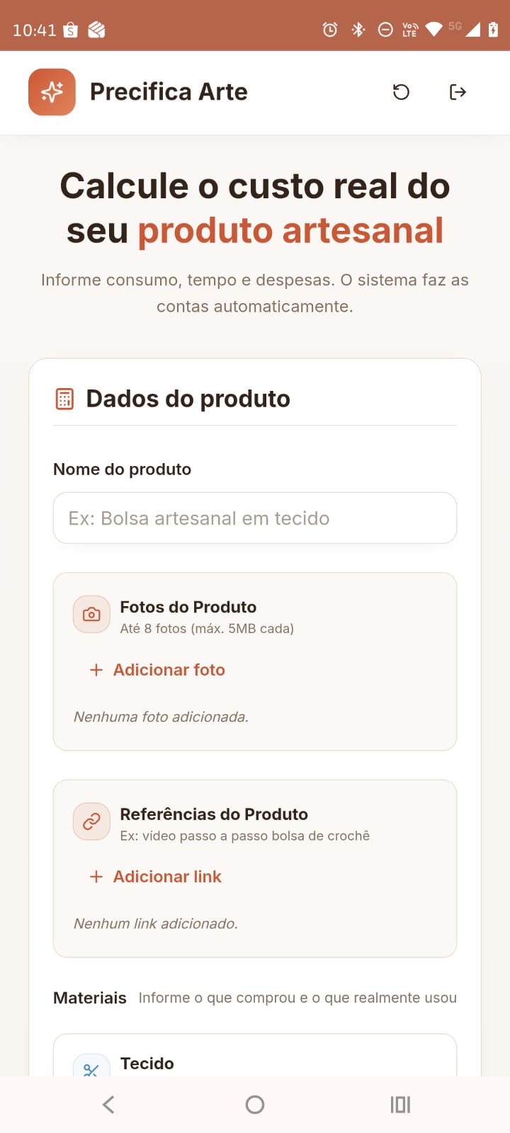 Aplicativo Precifica Arte — cadastro de produto com fotos, referências e materiais