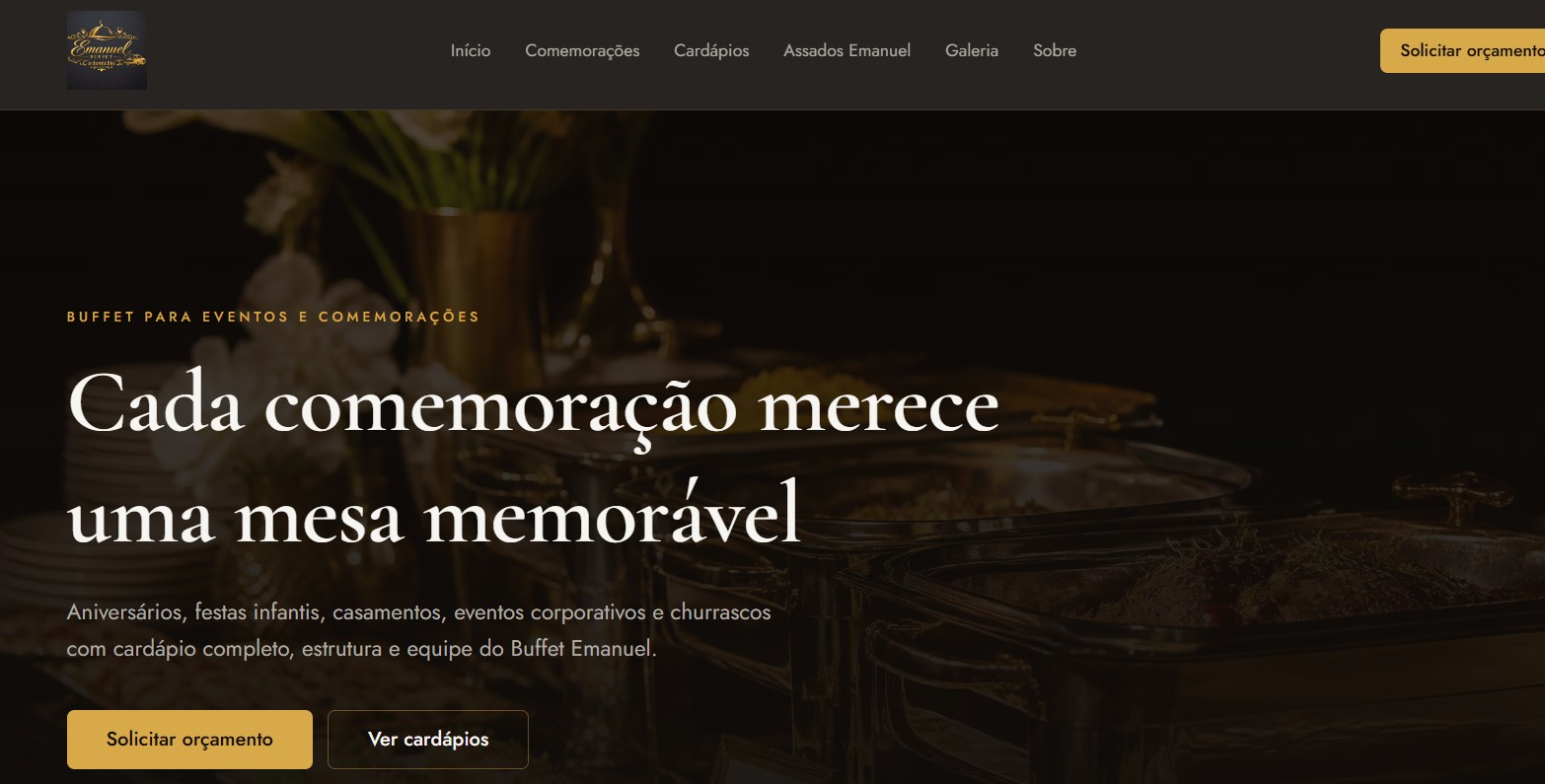 Página inicial do site do Buffet Emanuel com destaque para comemorações
